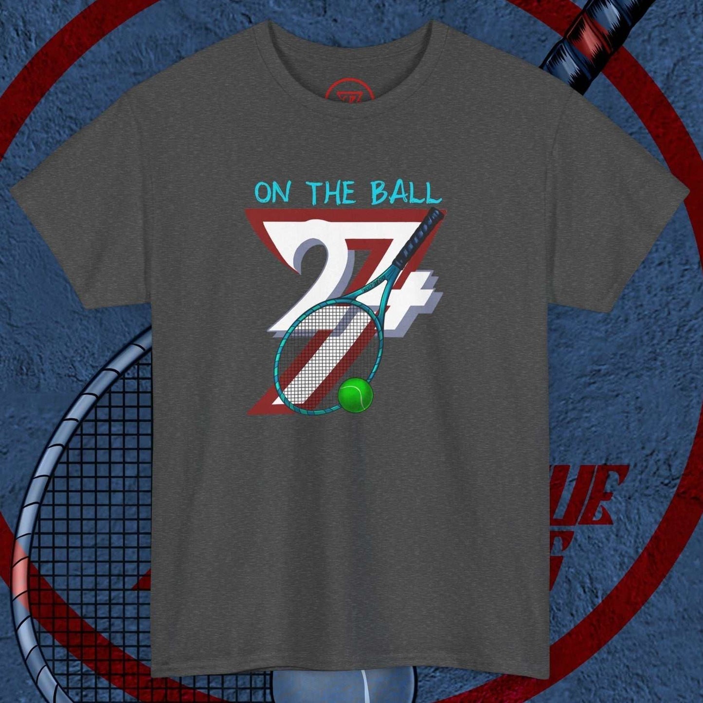charcoal tennis sport T-shirt with hand-drawn racket and ball graphic and "On The Ball" text