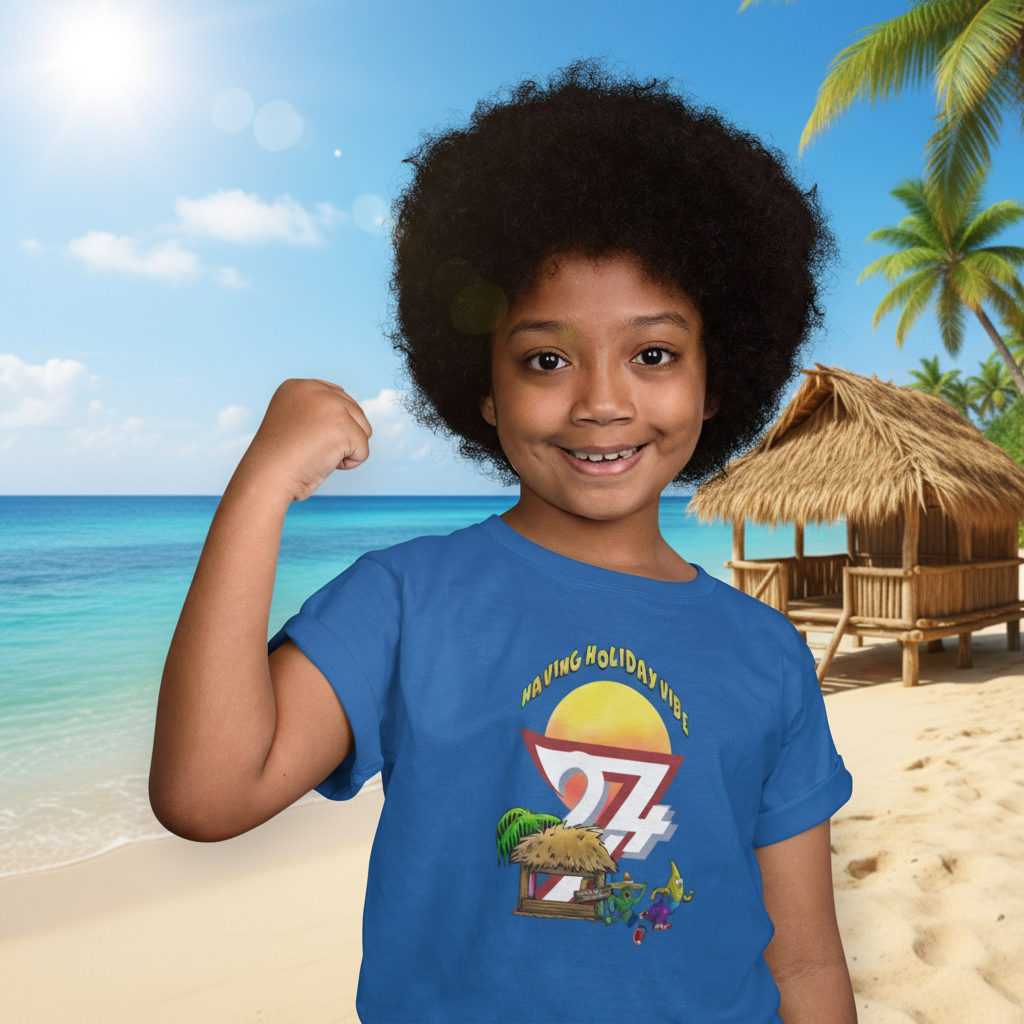 child wearing blue banana t-shirt with cartoon summer holiday beach design smiling and flexing arm