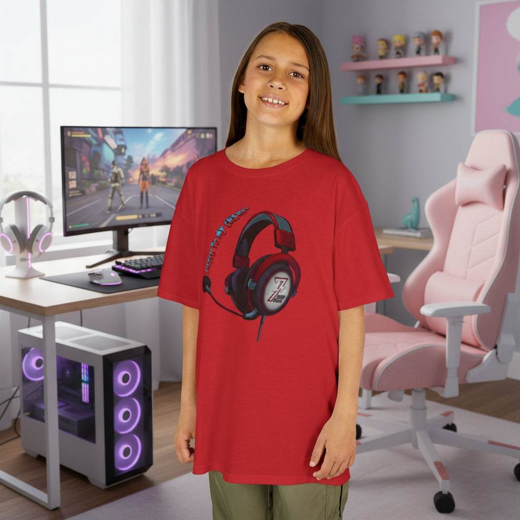 child wearing red headphones t-shirt with vibrant headset design for young YouTubers