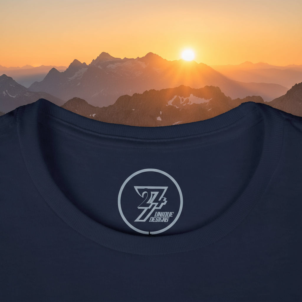 close-up of navy unique women t-shirt neckline with twentyfourseven logo print