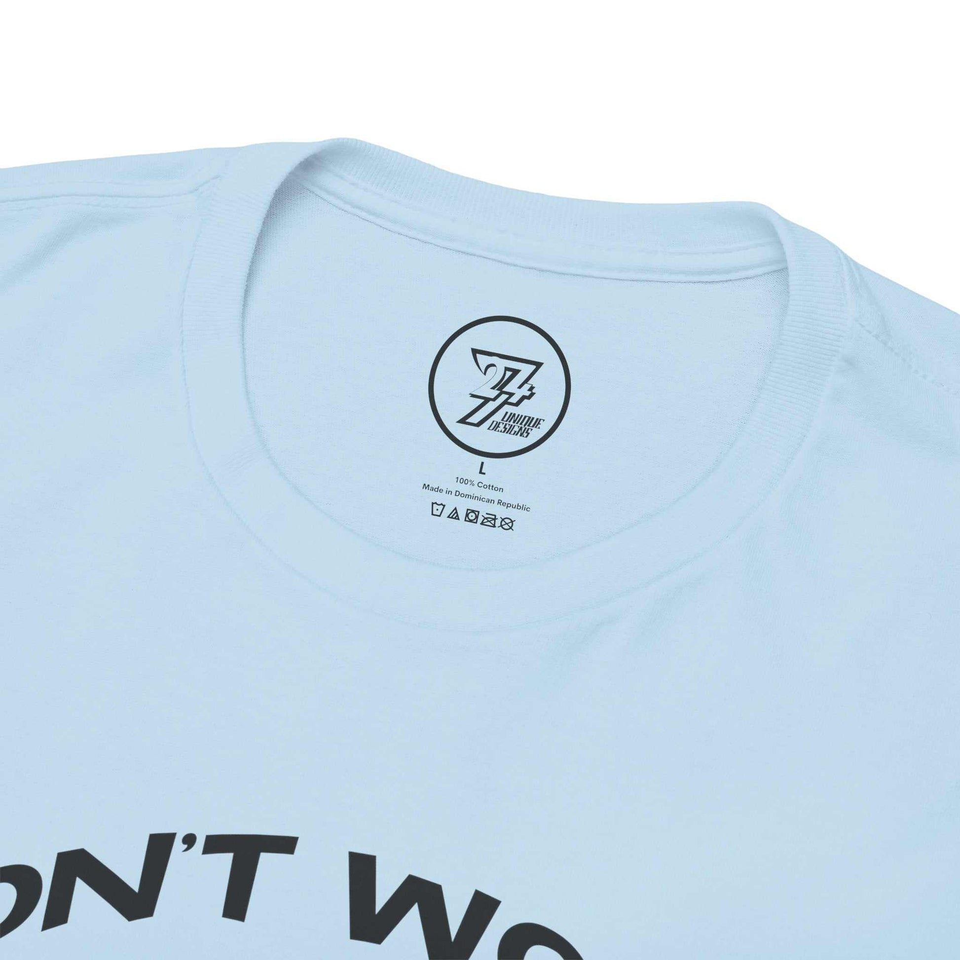 collar view of the 24/7 Unique Design light blue graphic tee
