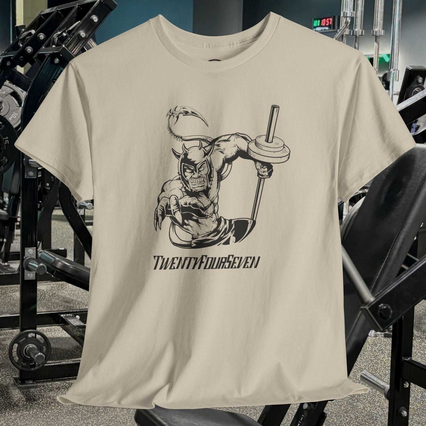 comic-style gym tee with hand-drawn fantasy workout illustration in black on light fabric