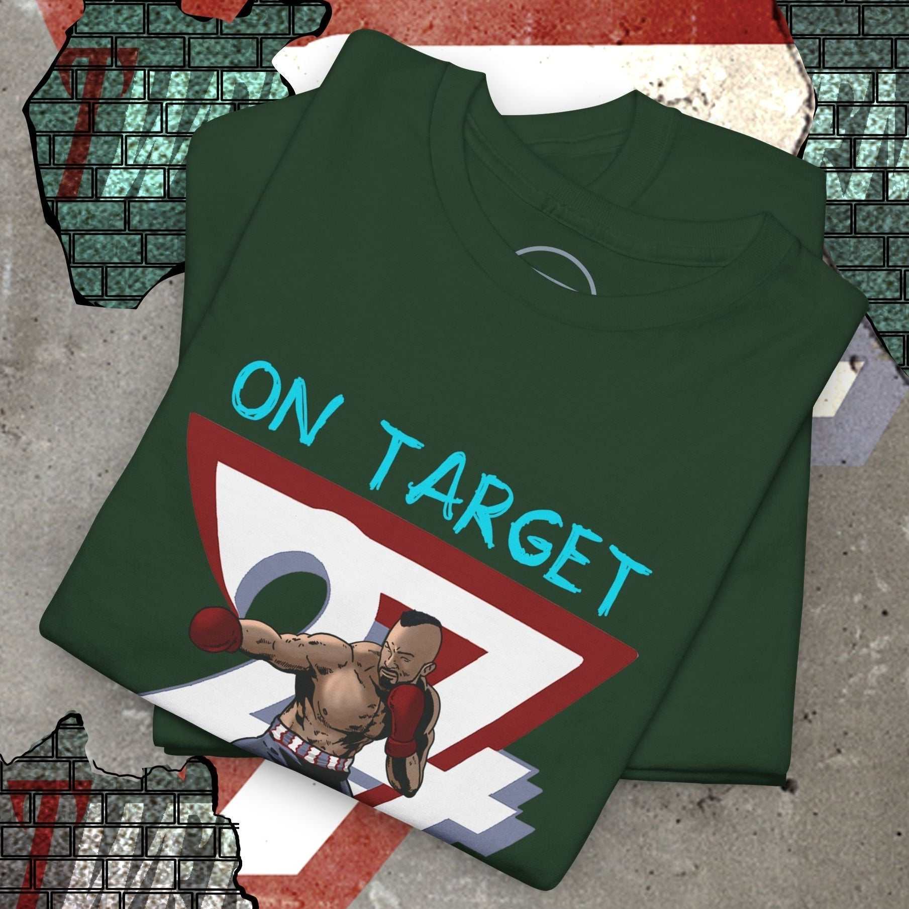 comic style boxing tee with hand-drawn boxer and "ON TARGET" text printed on dark green shirt