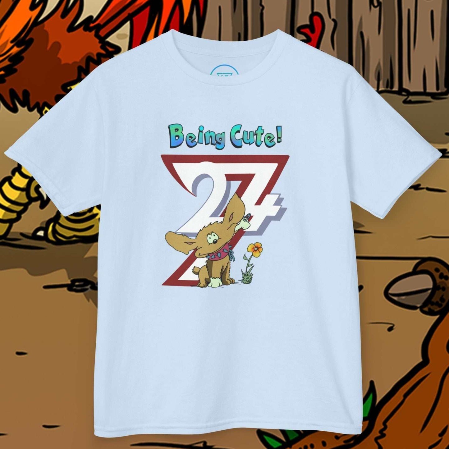 Cute Hand-Drawn Puppy Kids T-Shirt in Light Blue featuring the 24/7 Chomper puppy character.