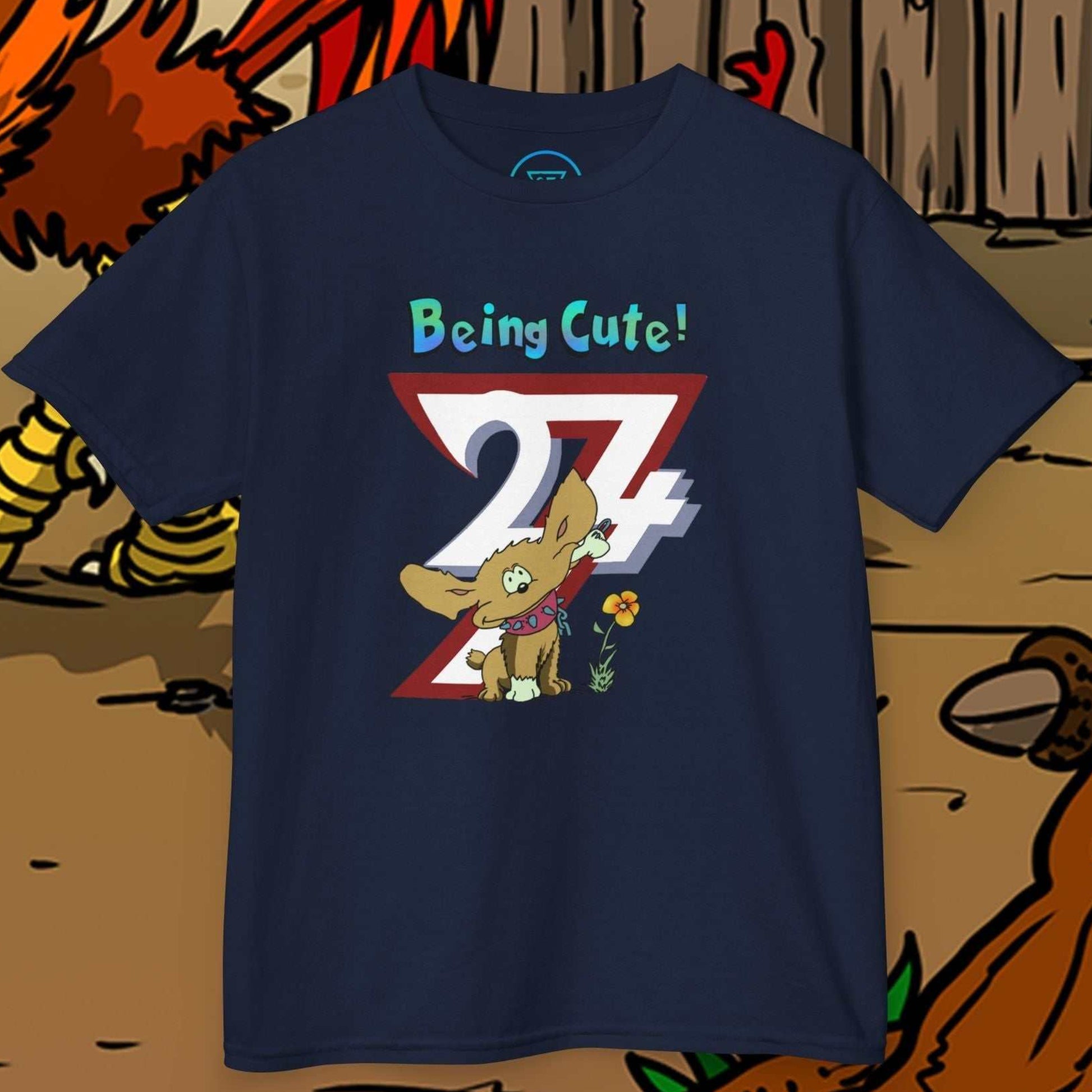 Cute Hand-Drawn Puppy Kids T-Shirt in Navy featuring Chomper the 24/7 mascot character.