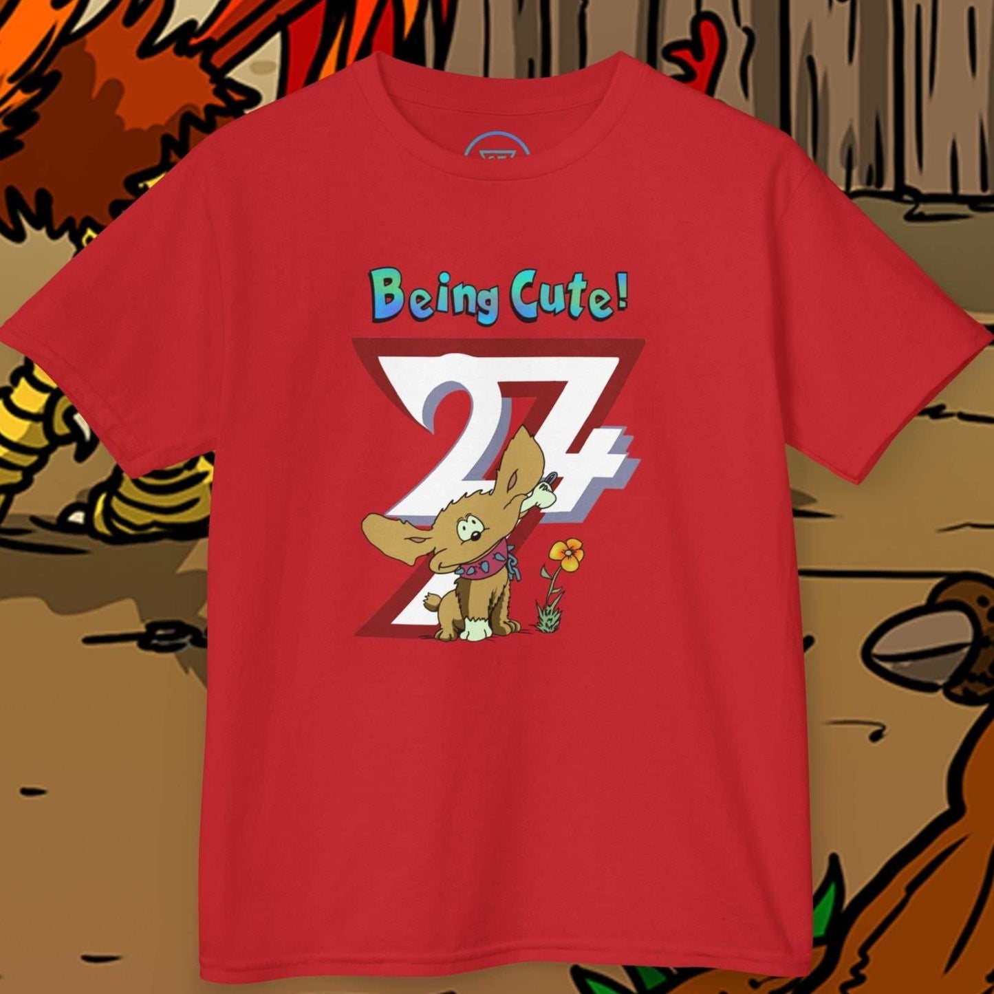 Cute Hand-Drawn Puppy Kids T-Shirt in Red with a hand-drawn cartoon dog graphic.