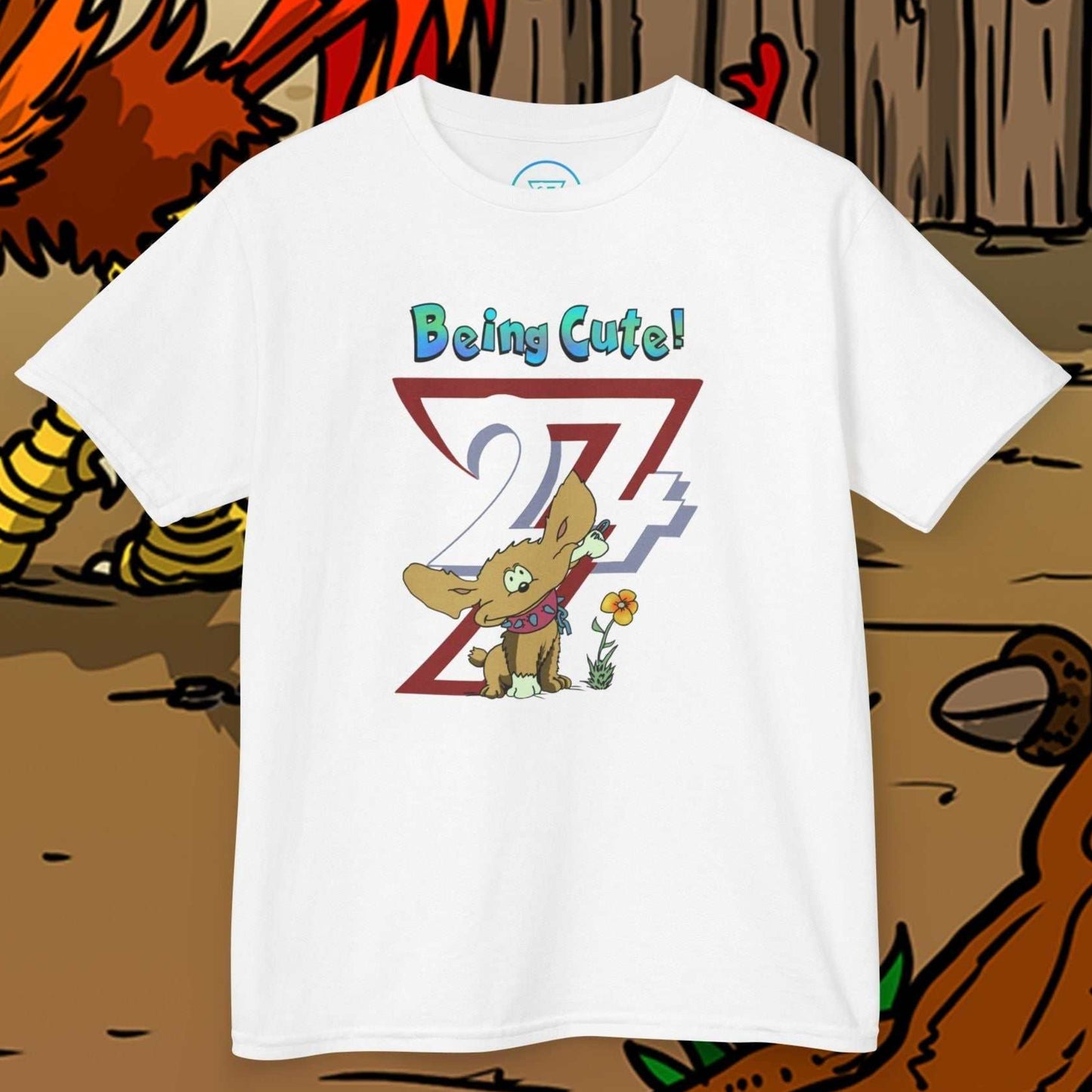 Cute Hand-Drawn Puppy Kids T-Shirt in White featuring Chomper the dog and his lucky bone.