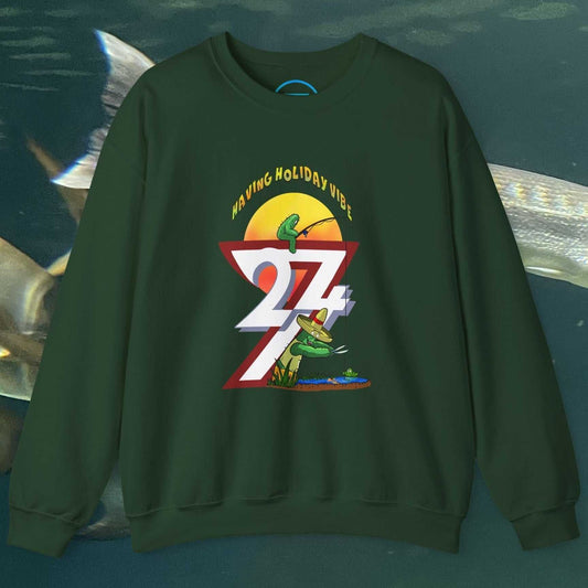 dark green fishing cactus sweatshirt with colorful cartoon design and number 24/7 on front