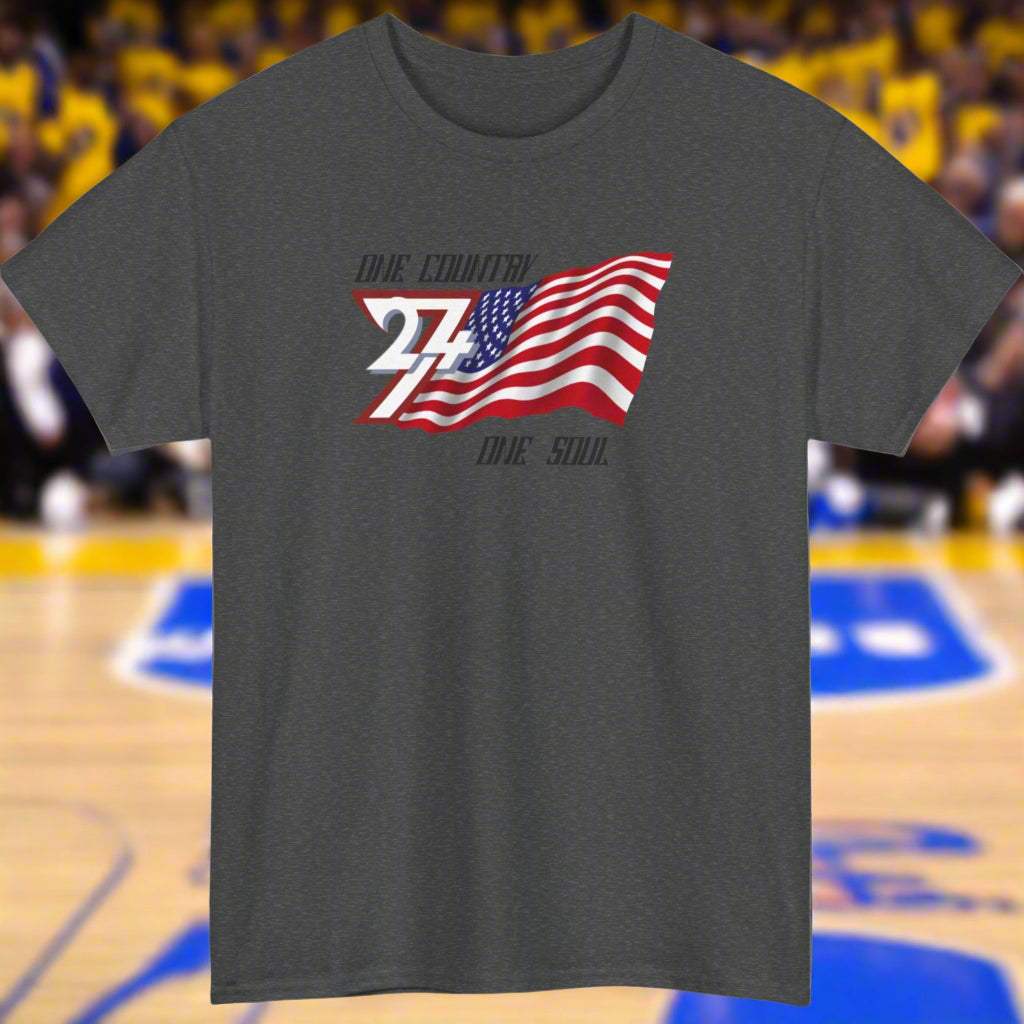 Dark gray USA T-shirt with a hand-drawn American flag and "One Country One Soul" slogan designed for patriotic celebrations.
