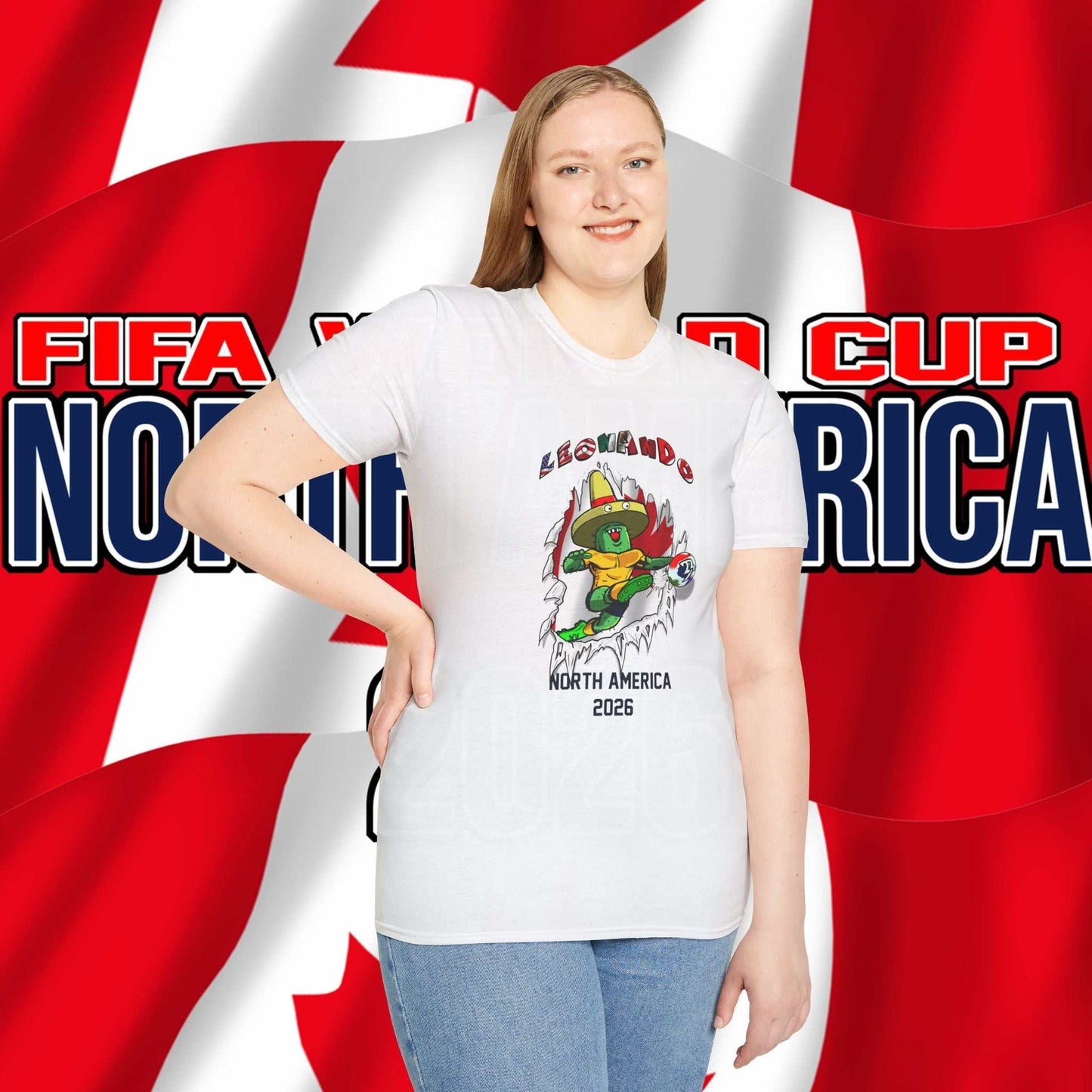 Female model wearing the White Leonando Canada 3D tee, highlighting the soft ring-spun cotton drape.