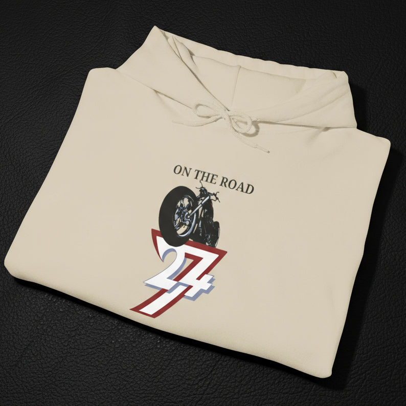 beige bike hoodie with vintage motorcycle and "On The Road" text printed on front