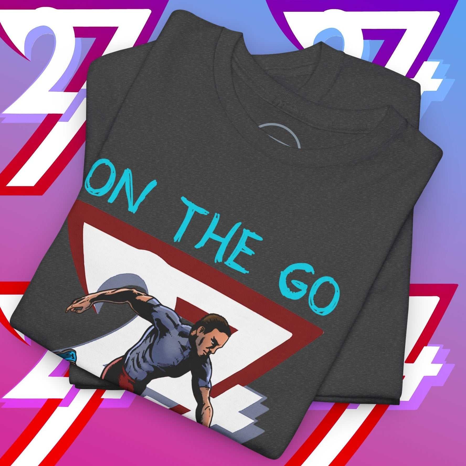 folded black running T-shirt with hand-drawn athletic figure and "On The Go" text on pink and purple background