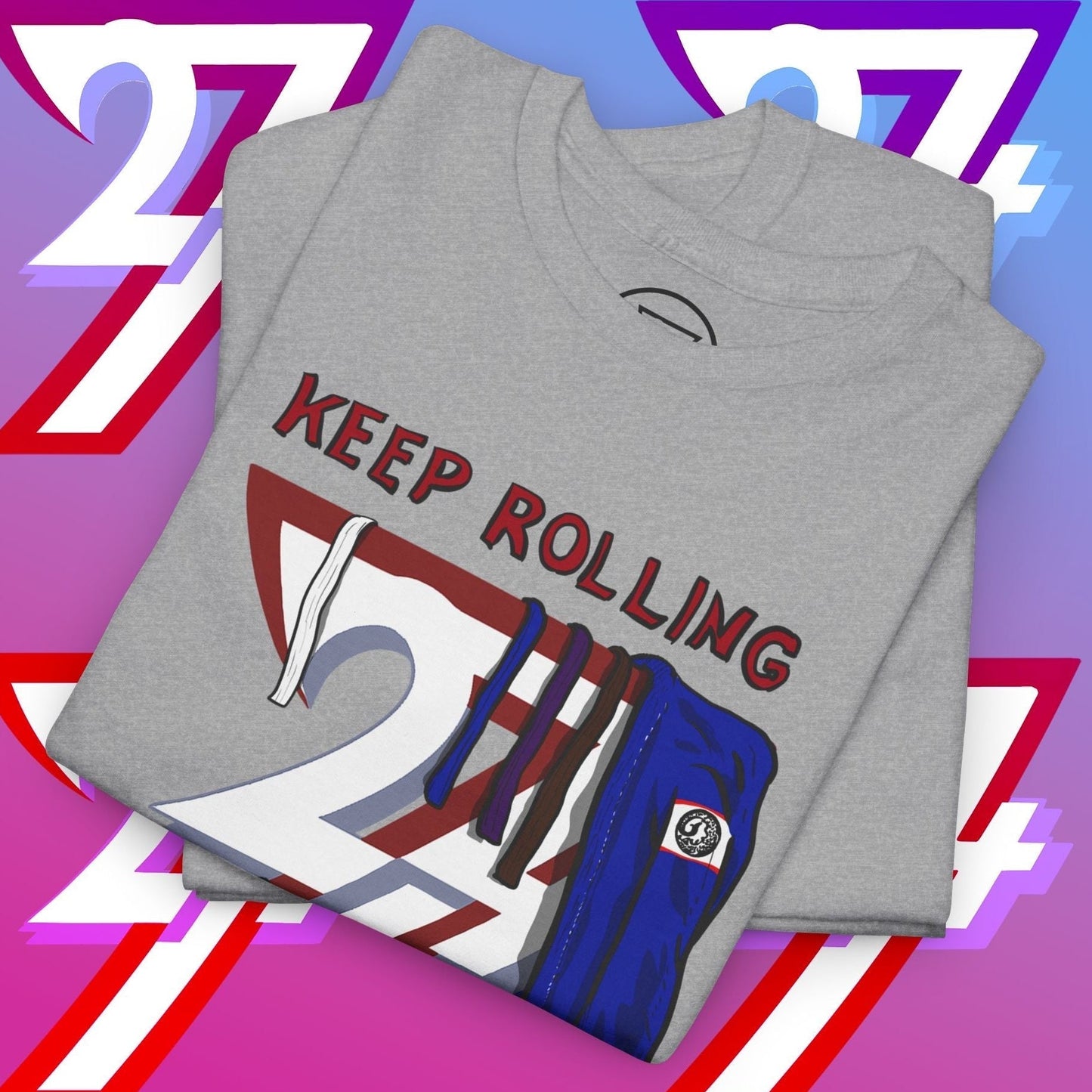 folded grey jiu-jitsu t-shirt with "KEEP ROLLING" text and grappling belt graphic on front