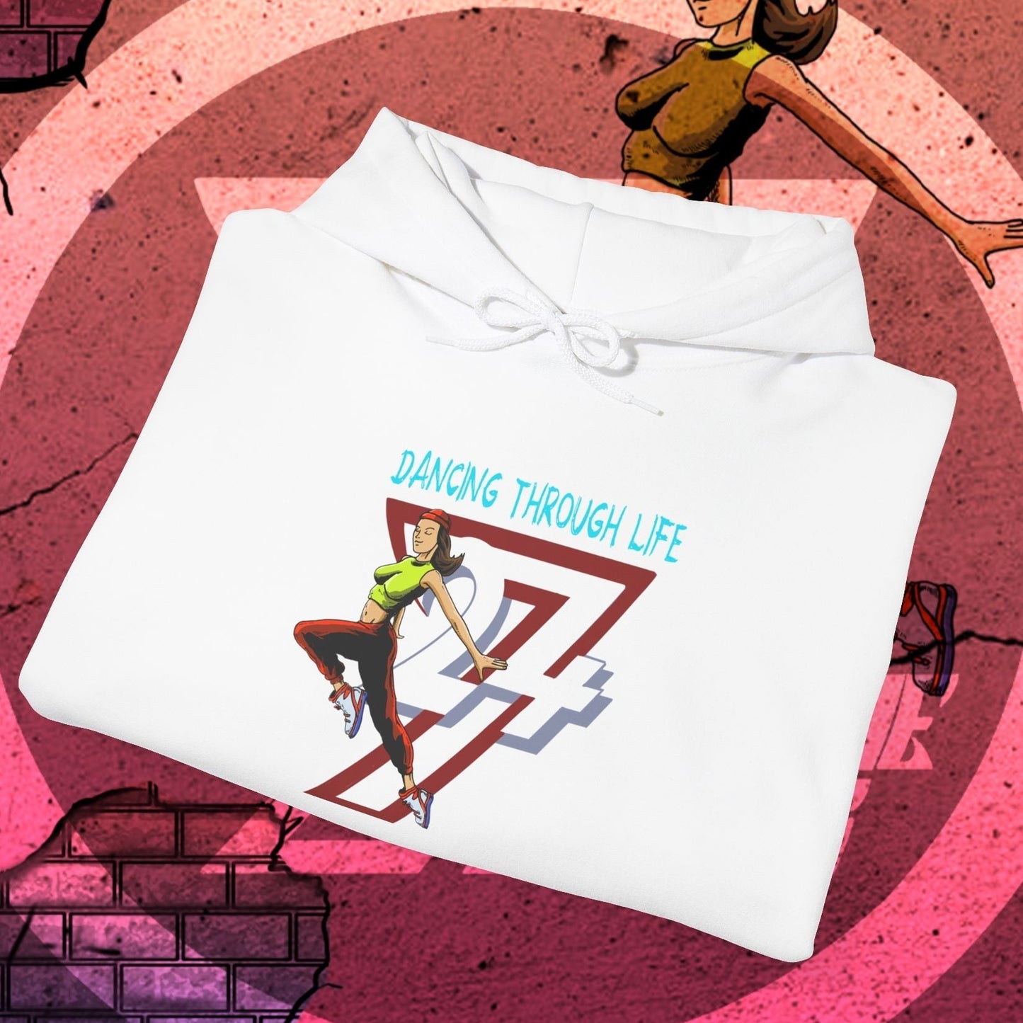 white street dance hoodie for women with dancing girl illustration and "Dancing Through Life" text, stylish urban sweatshirt