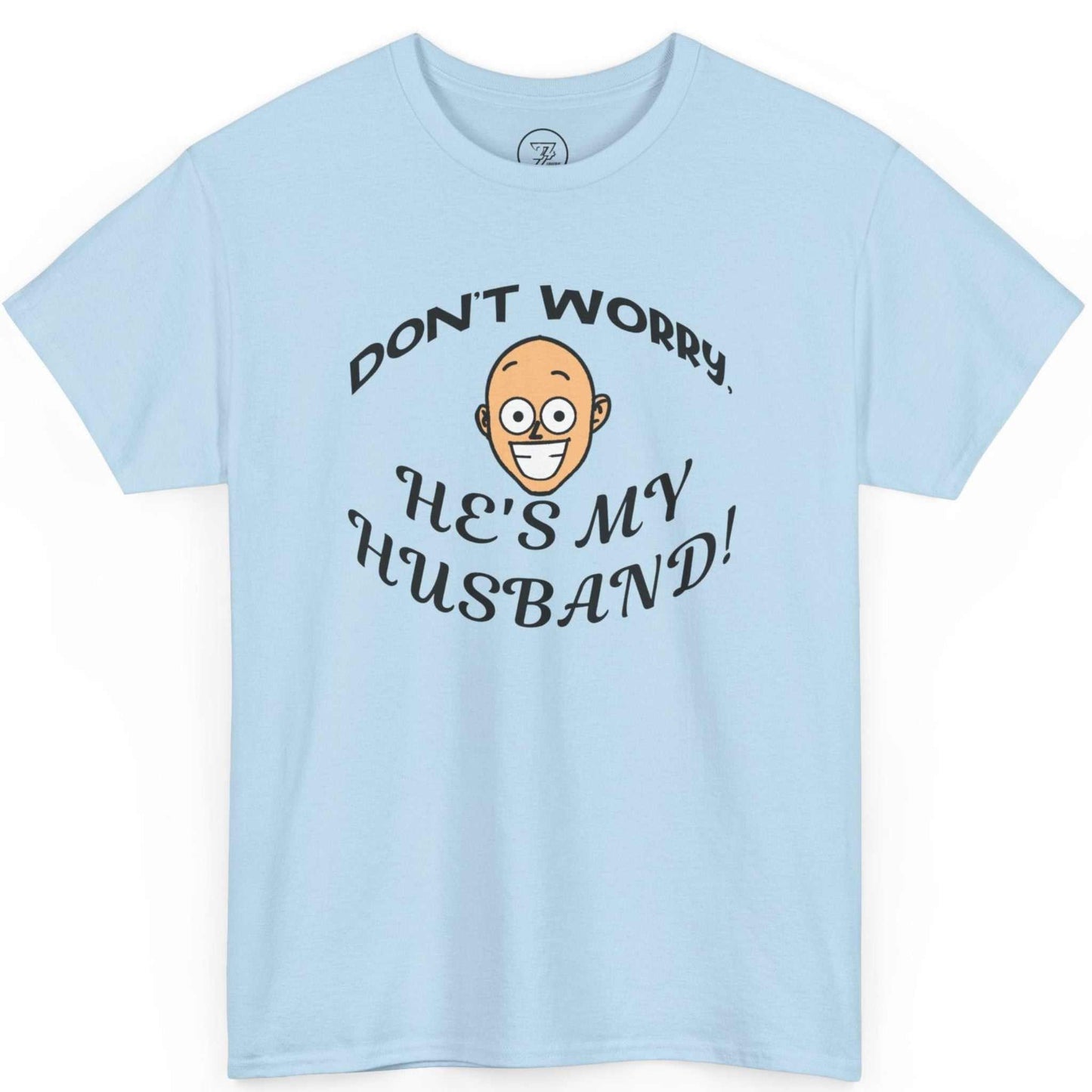 Funny light blue tee for wives with bald guy design on chest