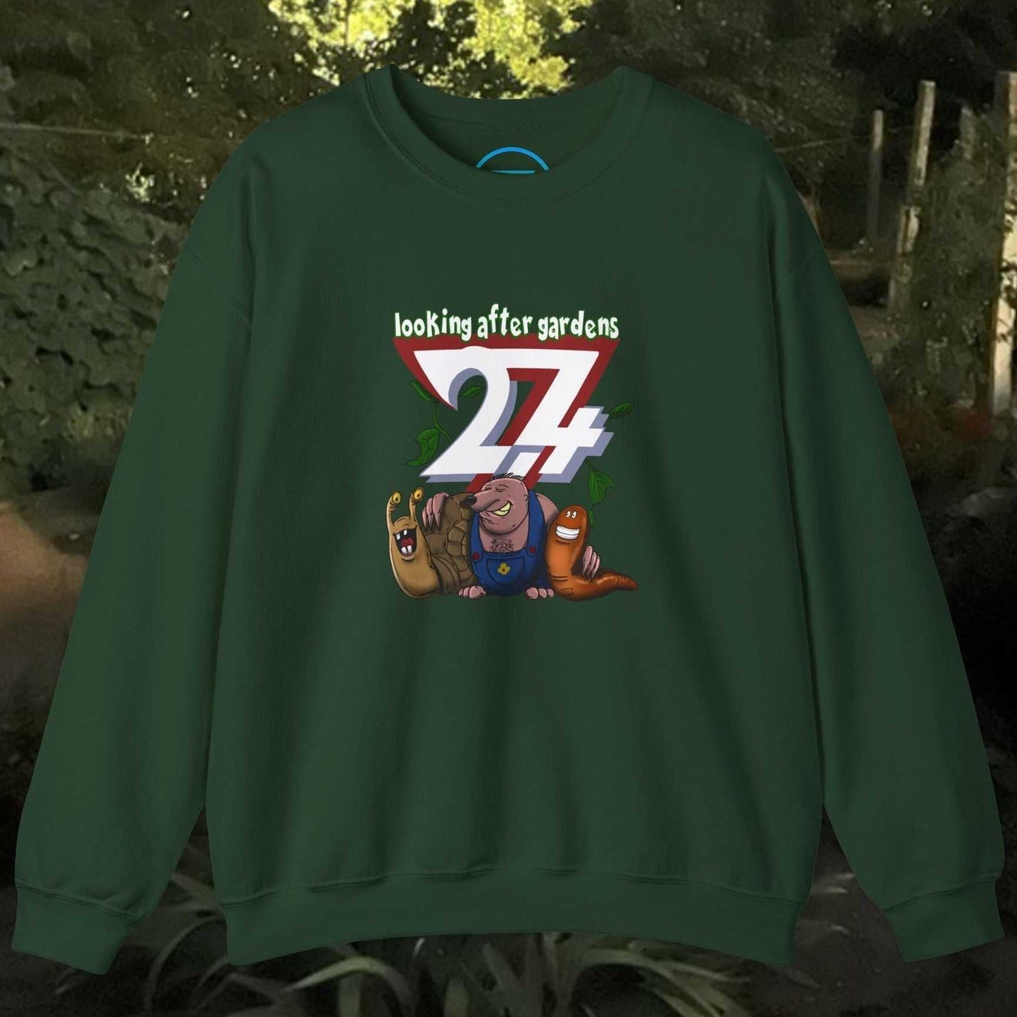 funny cartoon sweatshirt with garden characters slug mole and snail on green crewneck