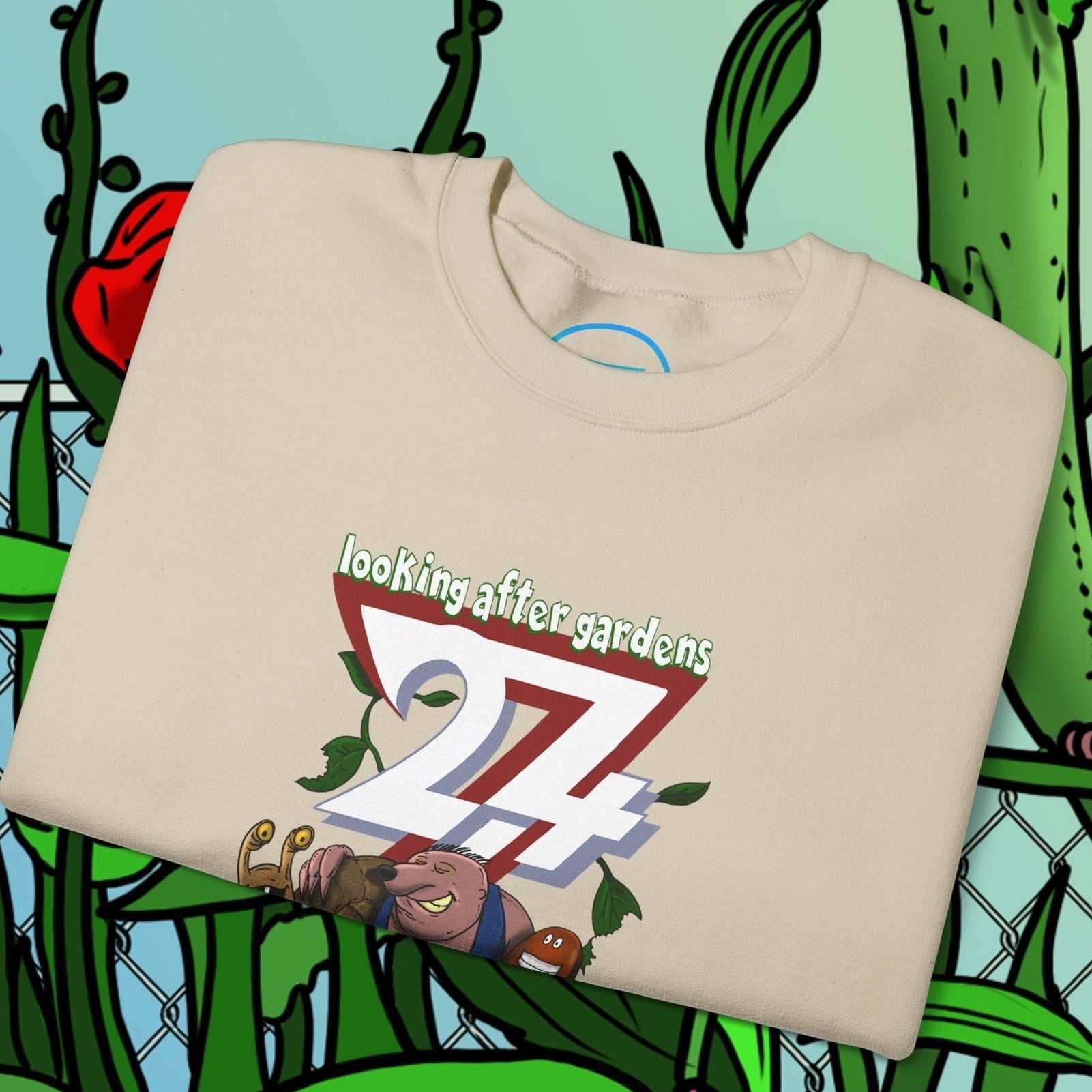 funny cartoon sweatshirt with gardening squad featuring snail, mole, and slug illustration