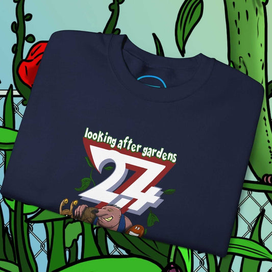 funny cartoon sweatshirt with gardening squad featuring snail, mole, and slug illustration on navy crewneck