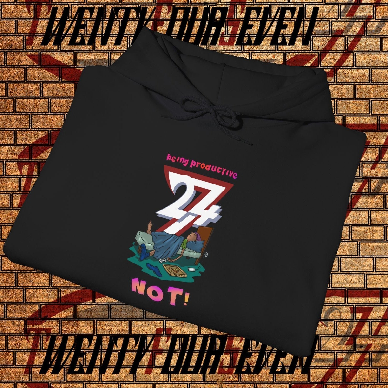 funny custom hoodie with cartoon lazy teen design folded on brick background