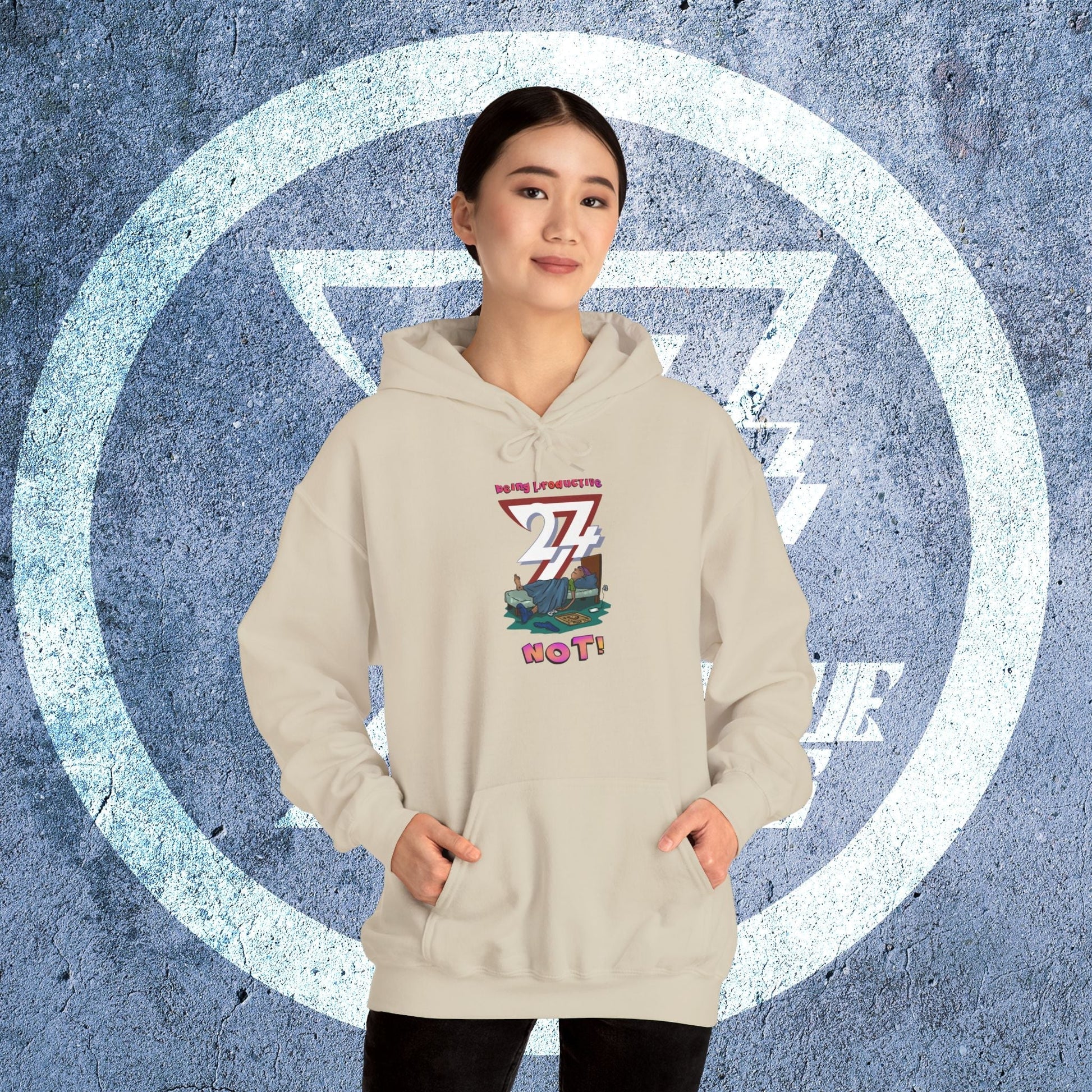 funny custom hoodie with cartoon lazy teen design in beige worn by woman with hands in pockets