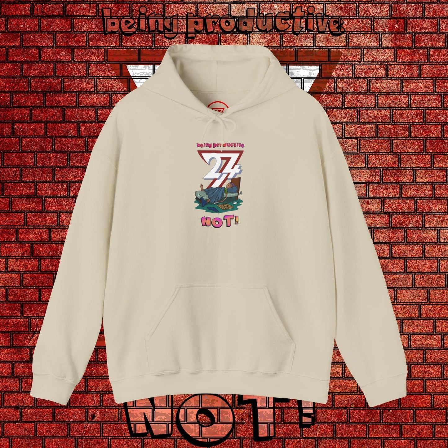 funny custom hoodie with lazy teen cartoon design in beige color, adjustable drawstring hood and kangaroo pocket