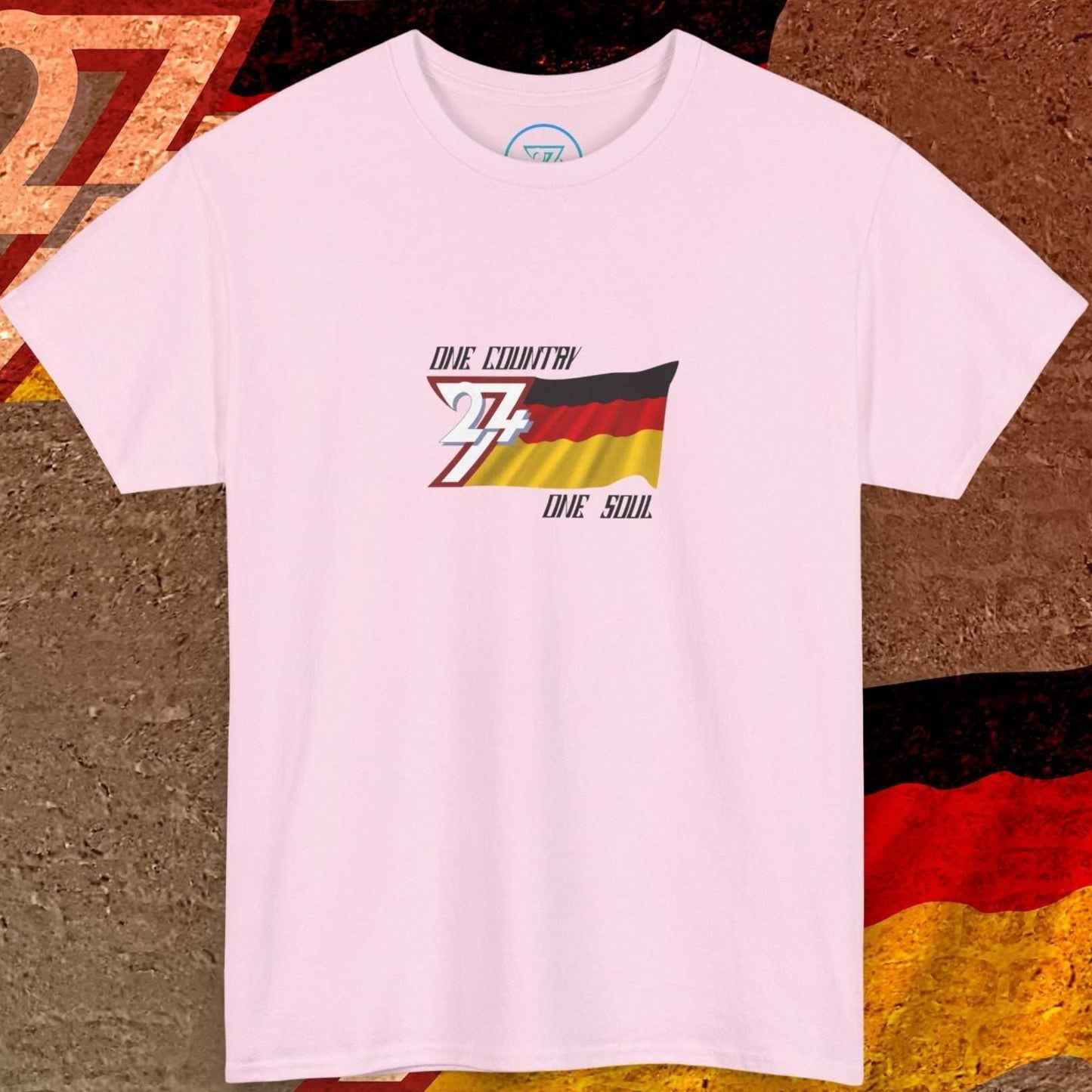 Front view of the Light Pink Germany pride t-shirt featuring our exclusive "One Country One Soul" artist-original print.