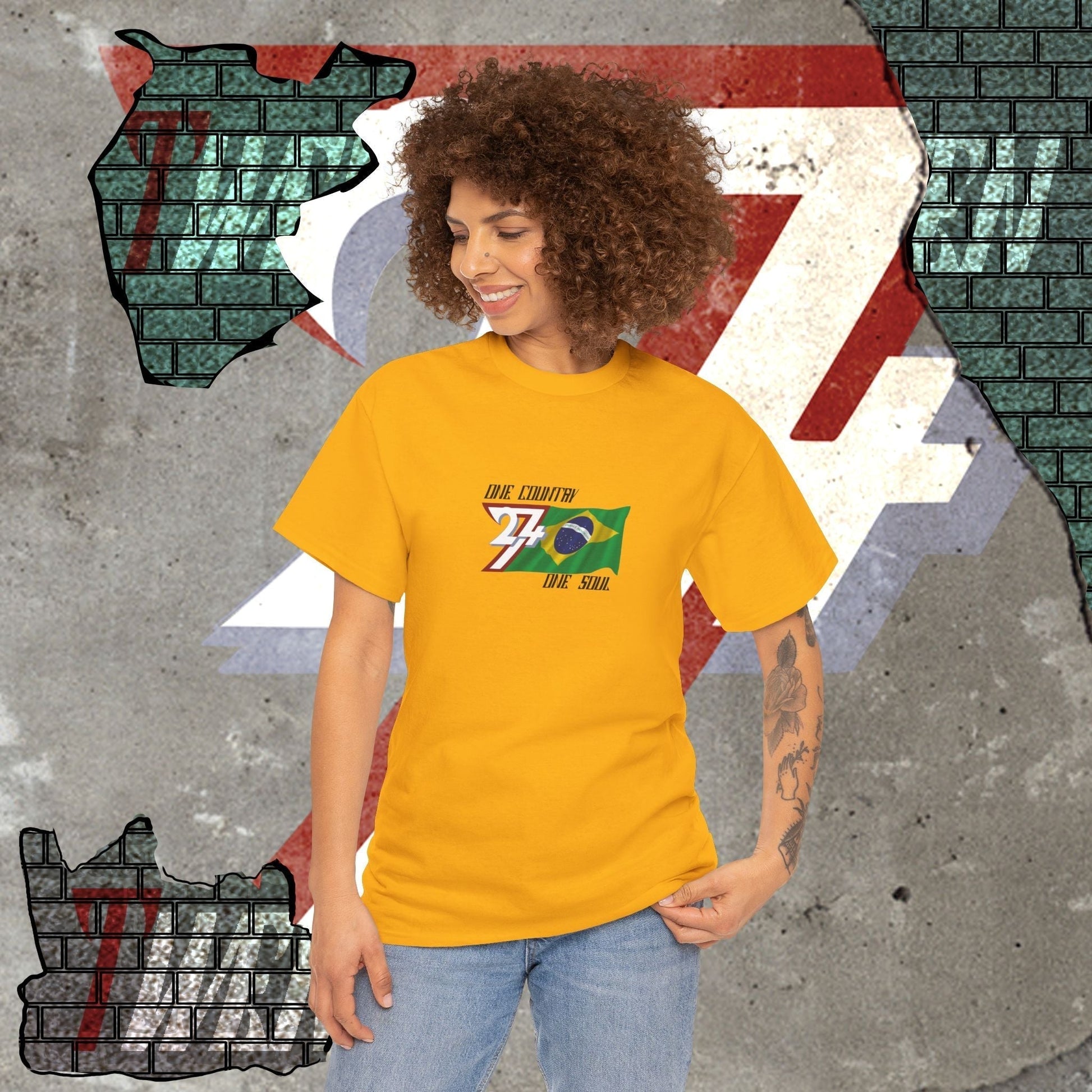 Model wearing the Brazil "Ordem" edition tee in Charcoal, showing a vibrant, modern streetwear look.