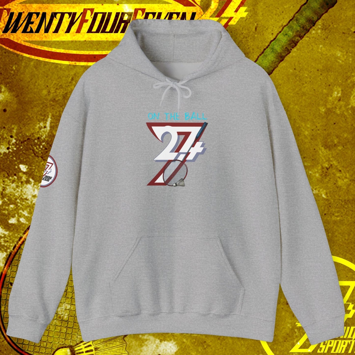 gray badminton hoodie sweatshirt with graphic design and kangaroo pocket