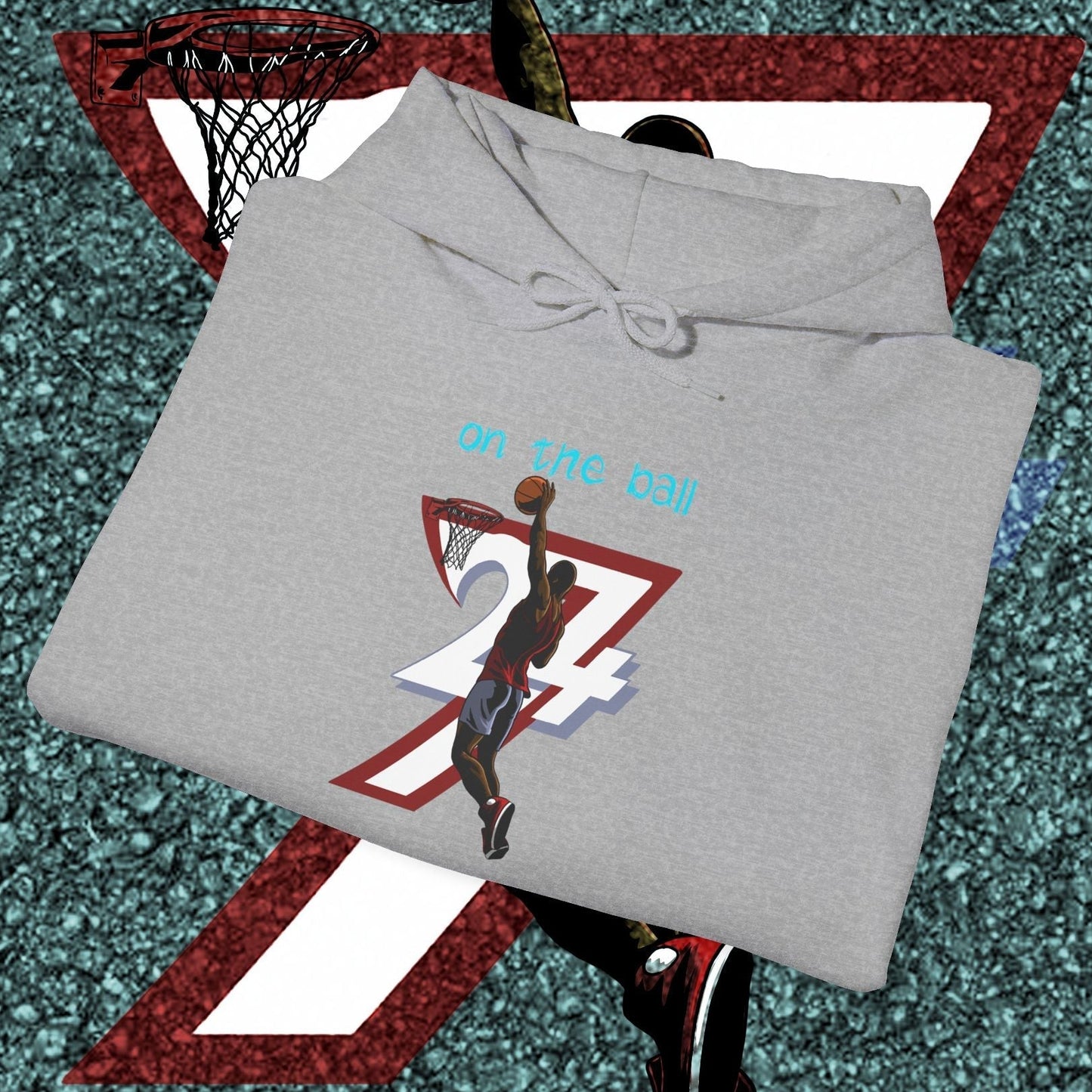gray basketball hoodie with hand-drawn basketball player dunking design and number 7 on front