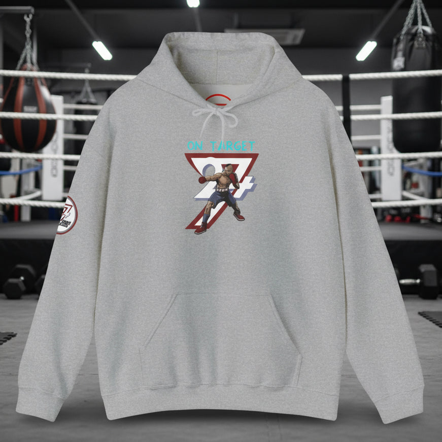 gray boxing hoodie sweatshirt with hand-drawn boxer design and kangaroo pouch pocket