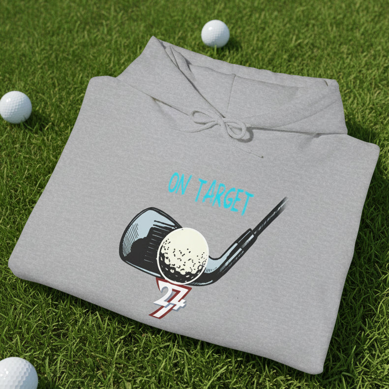 gray golf hoodie with hand-drawn golf club and ball design and "ON TARGET" text