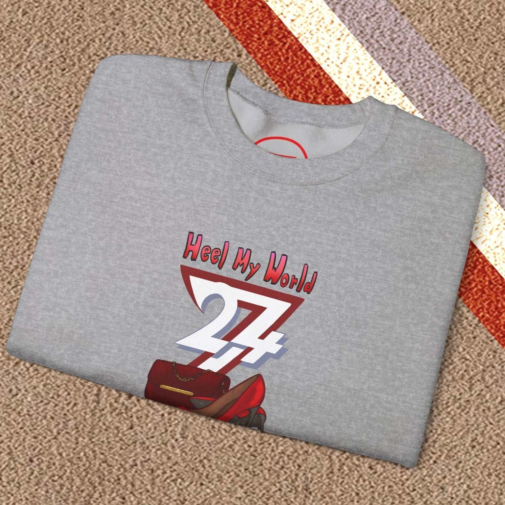 gray graphic sweatshirt for women with handbag and high-heel illustration and shopping quote design