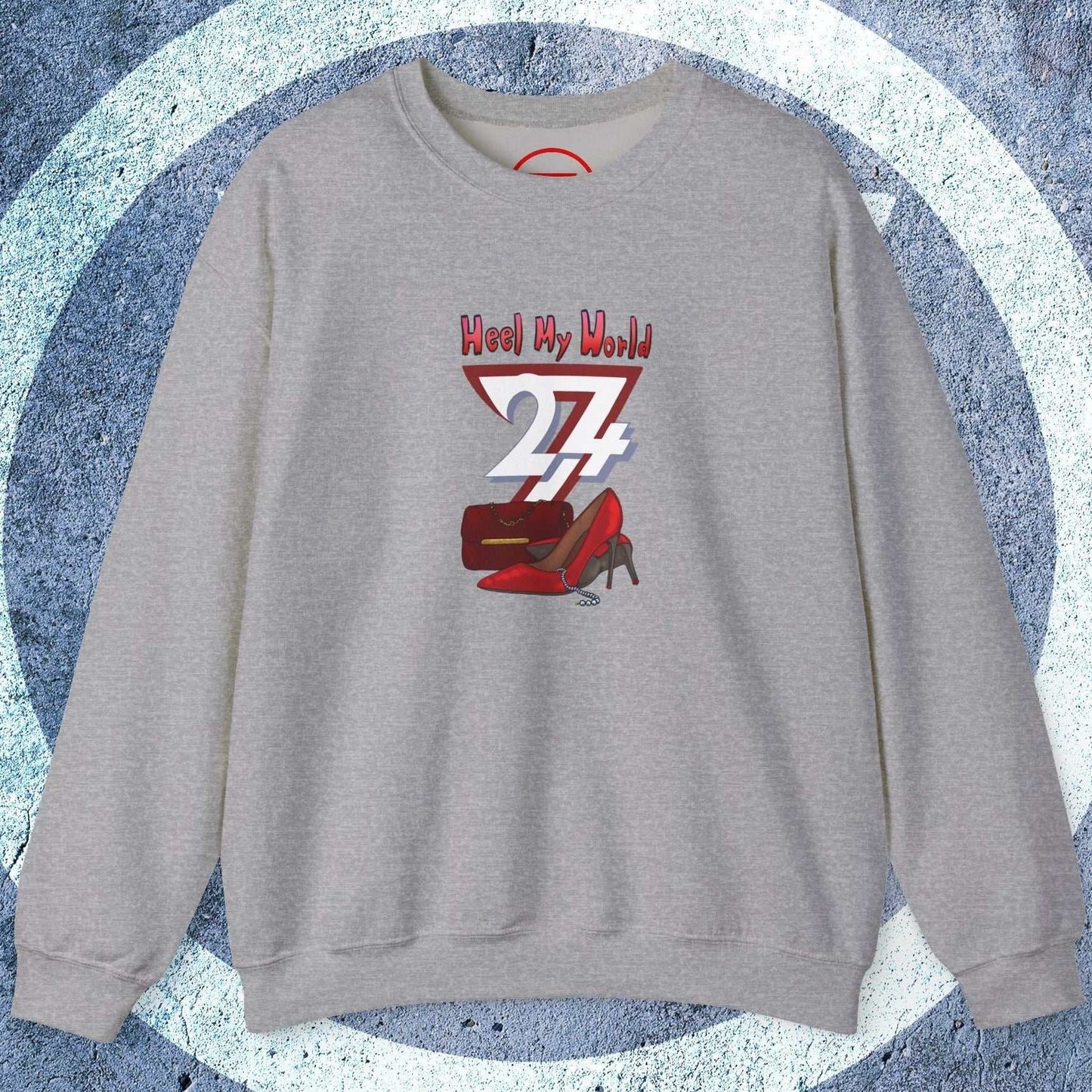 gray graphic sweatshirt for women with handbag and high heel design and shopping quote