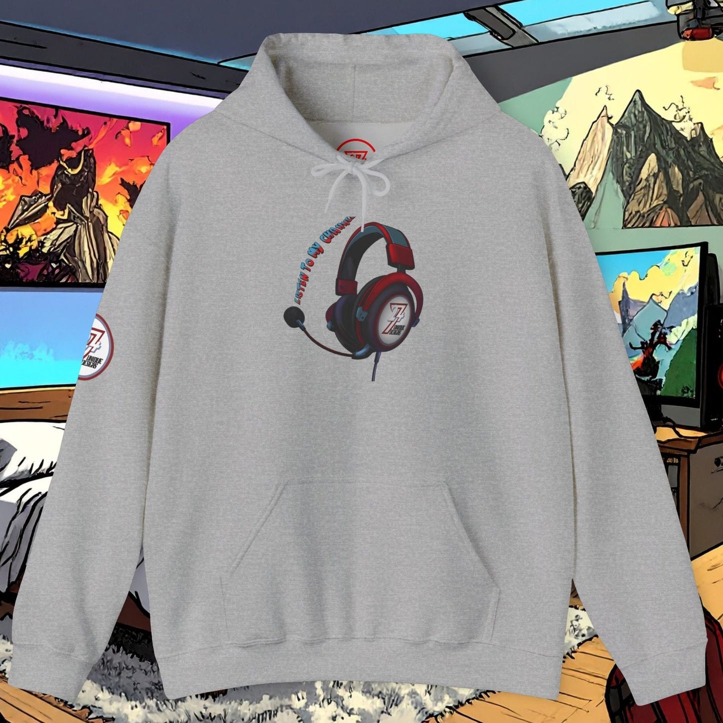 gray headset hoodie with headphone graphic, spacious pouch pocket, and adjustable drawstring hood in gaming room setting