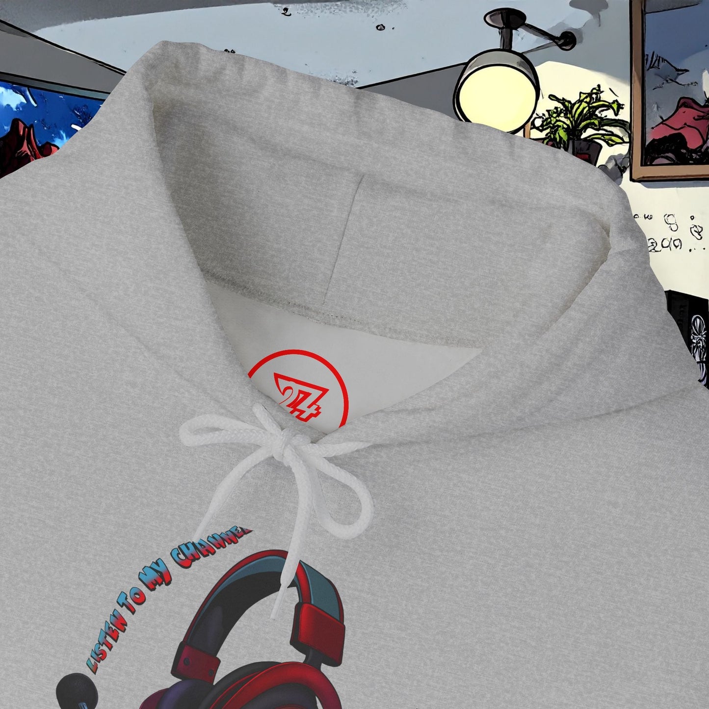 gray headset hoodie with red and black headphone design and white drawstring in indoor setting