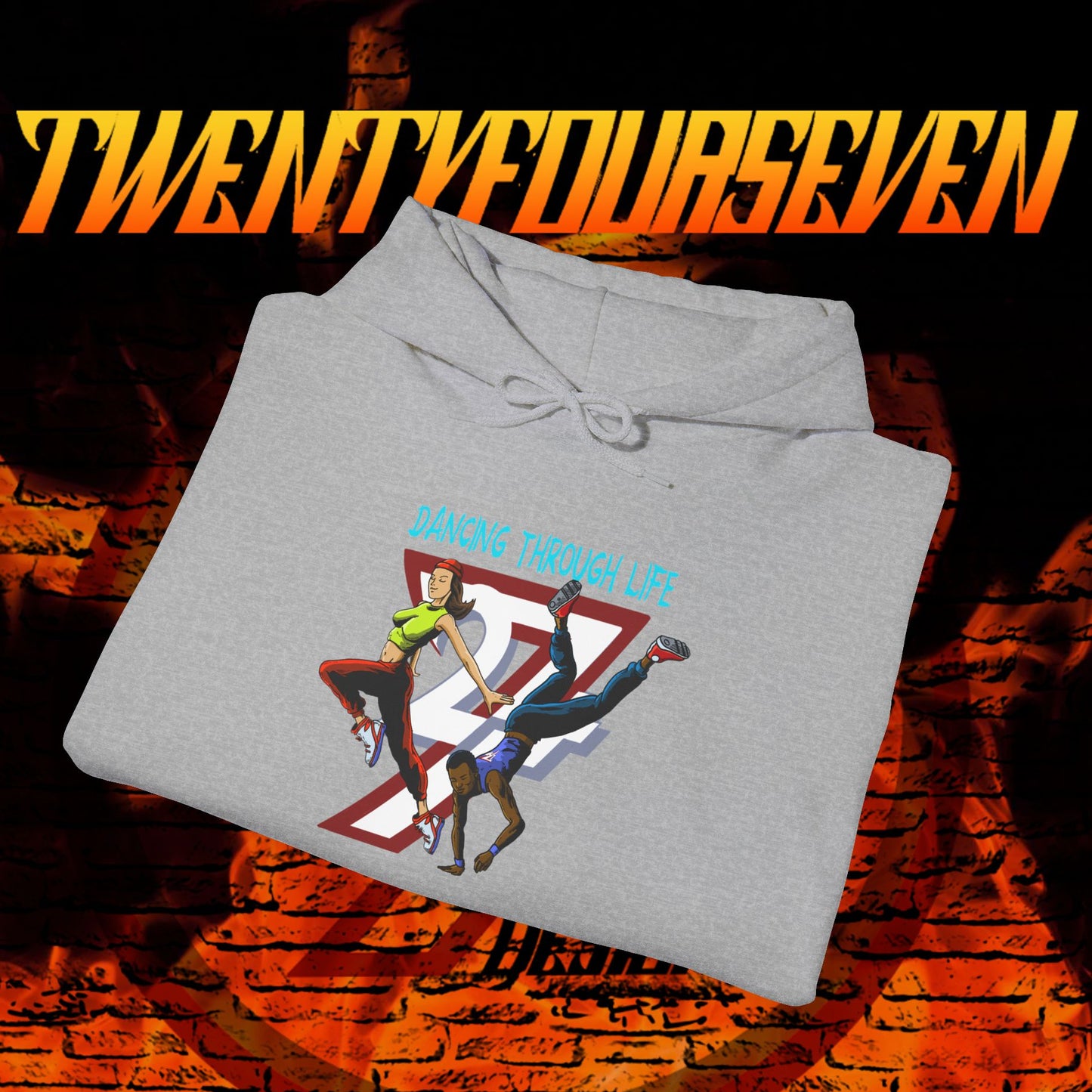 gray streetwear hoodie with dancing graphic and "Dancing Through Life" text