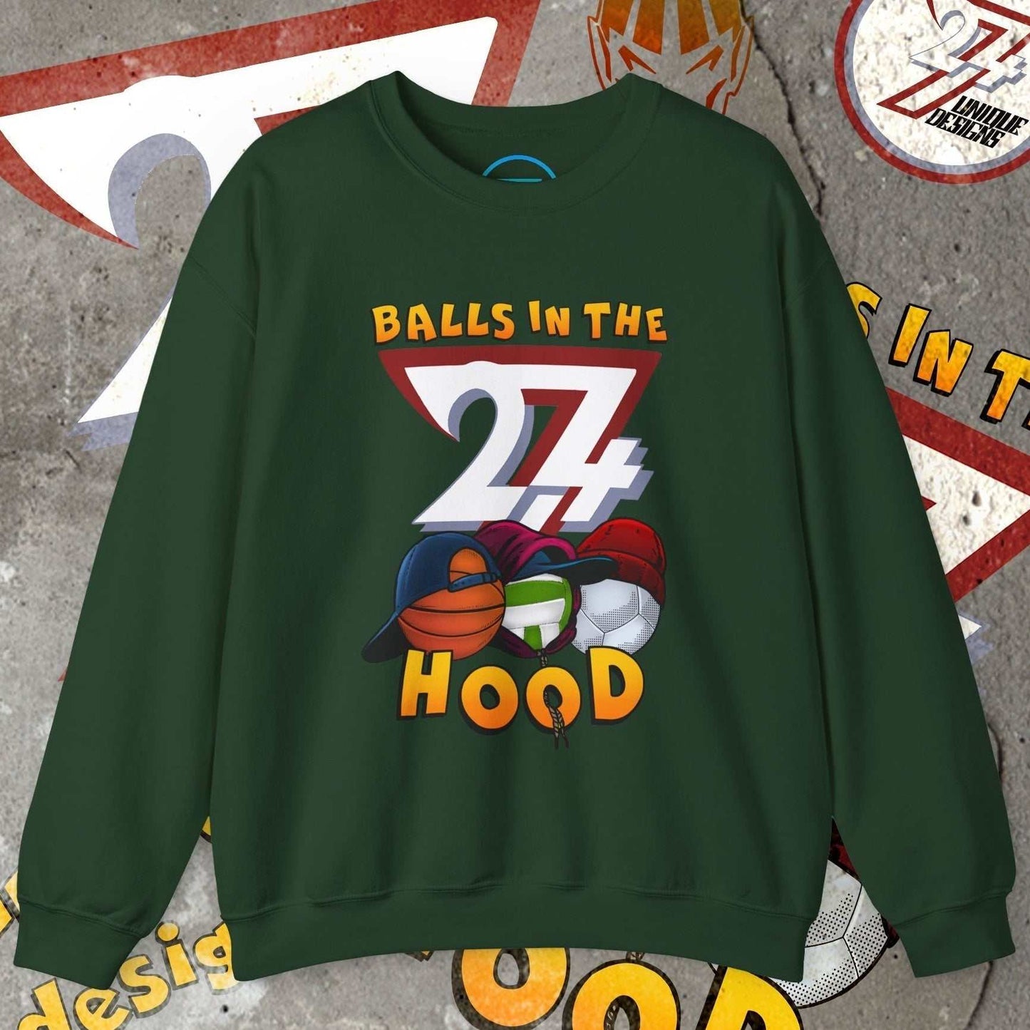 green Balls In The Hood sweatshirt with basketball football and volleyball urban streetwear design