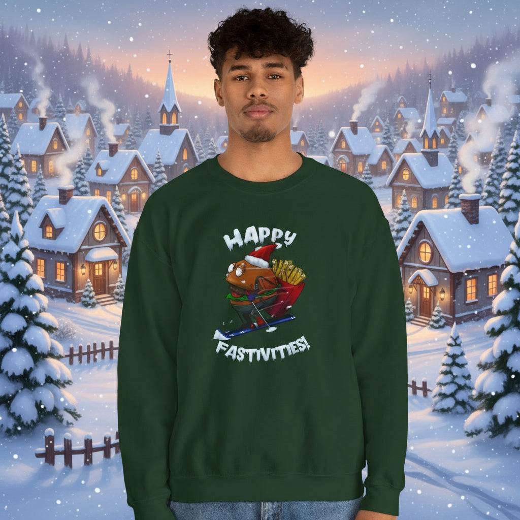 green Christmas sweatshirt with skiing Santa burger and fries cartoon design saying "Happy Fastivities"