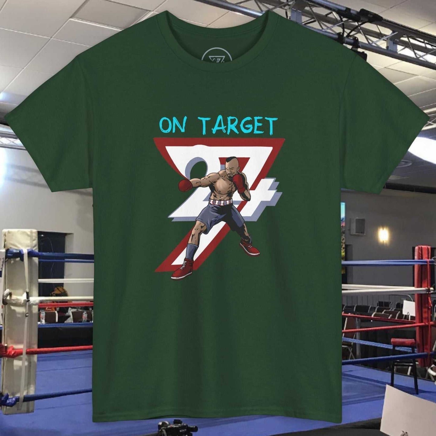 green boxing tee with comic-style illustration of boxer and "On Target" text