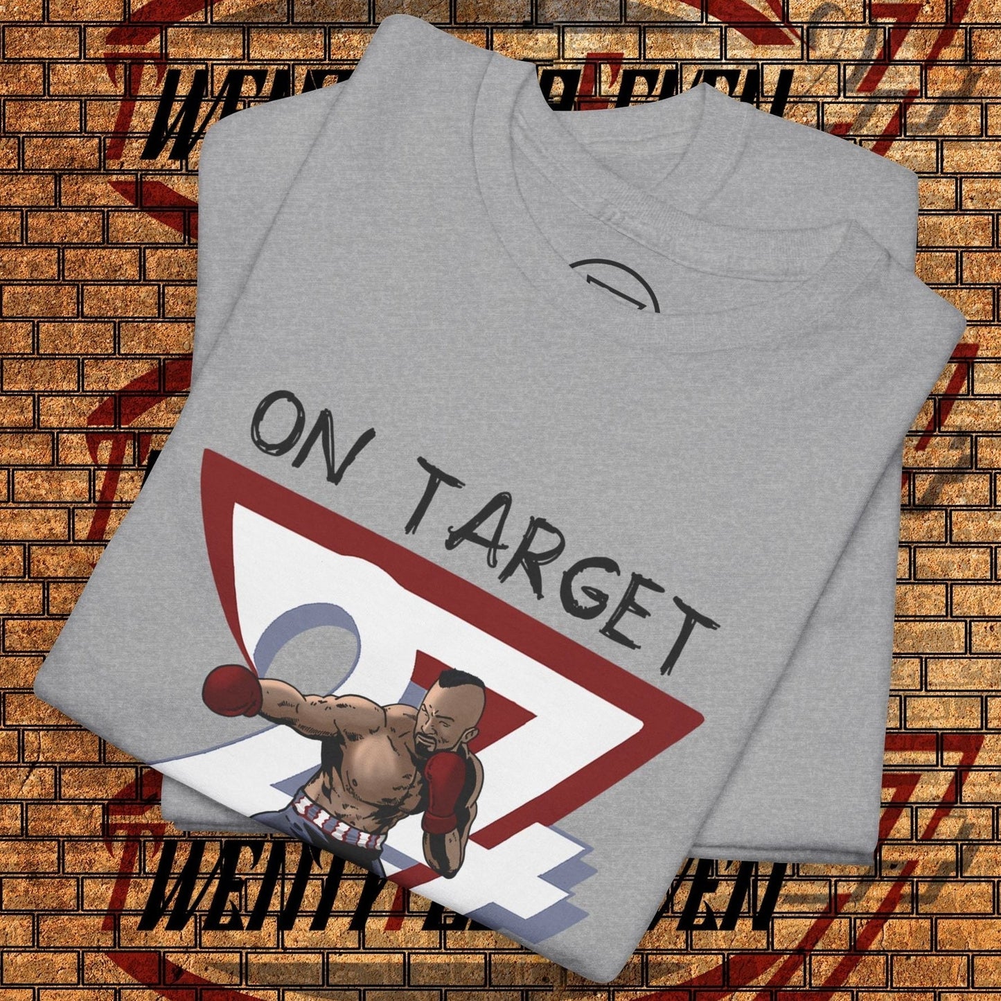grey boxing graphic shirt with hand-drawn boxer and "ON TARGET" text stacked on brick background