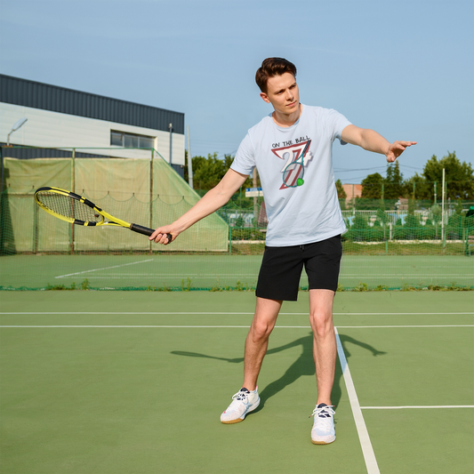grey boxing graphic shirt with hand-drawn boxer and "ON TARGET" text stacked on brick background