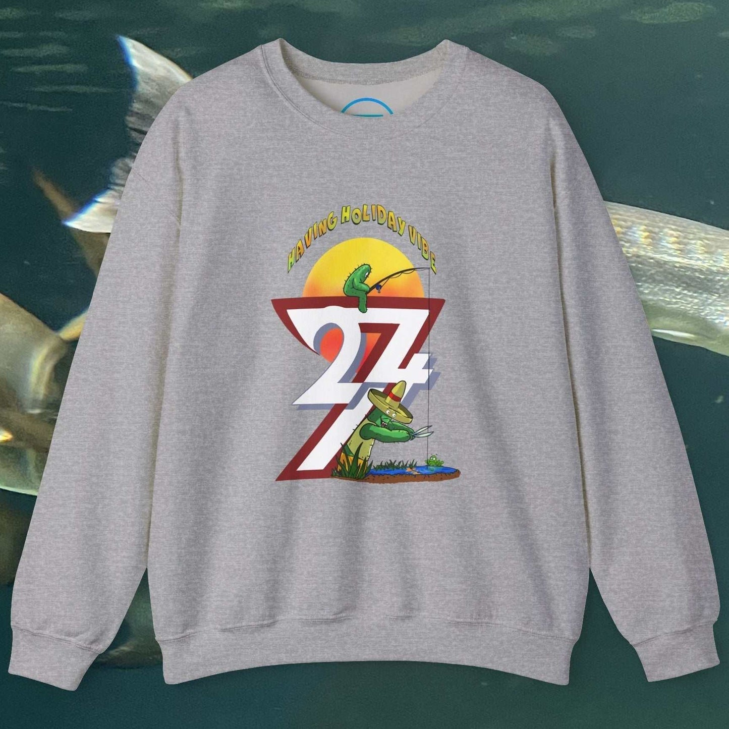 grey fishing cactus sweatshirt with cartoon fishing design and sun illustration