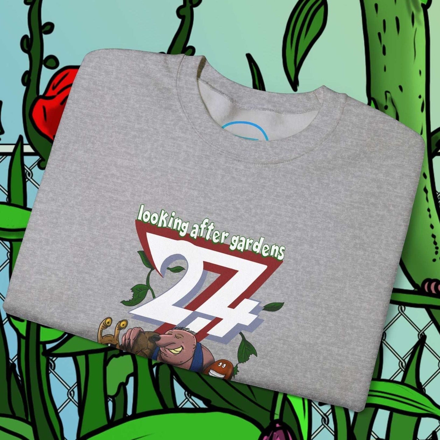grey funny cartoon sweatshirt with gardening squad illustration of snail mole and slug and text looking after gardens 27