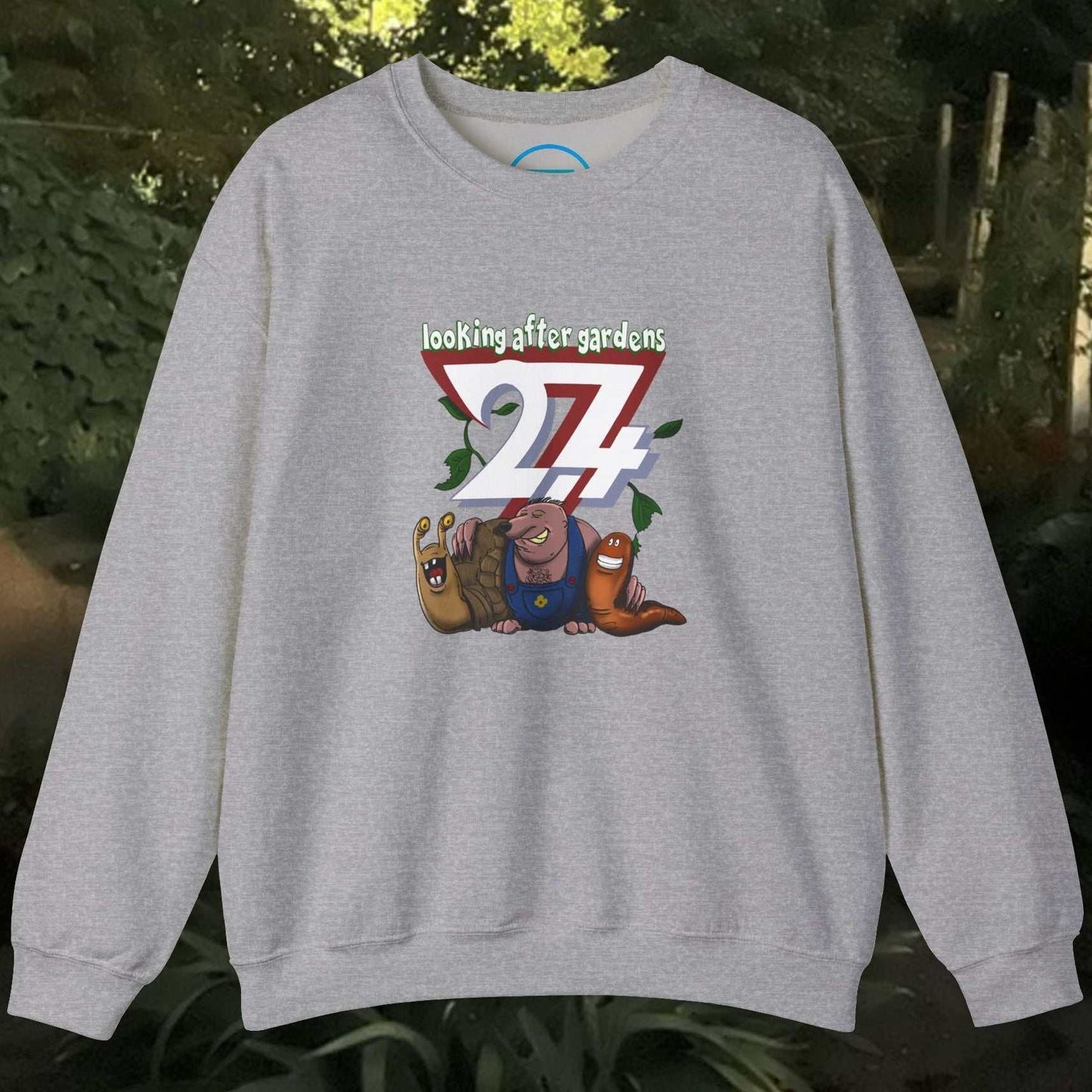 grey funny cartoon sweatshirt with gardening squad snail mole and slug graphic and text