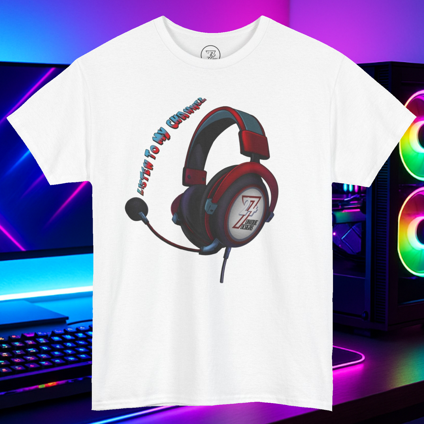White custom t-shirt with headphone graphic and "Listen to My Channel" text for streamers and content creators