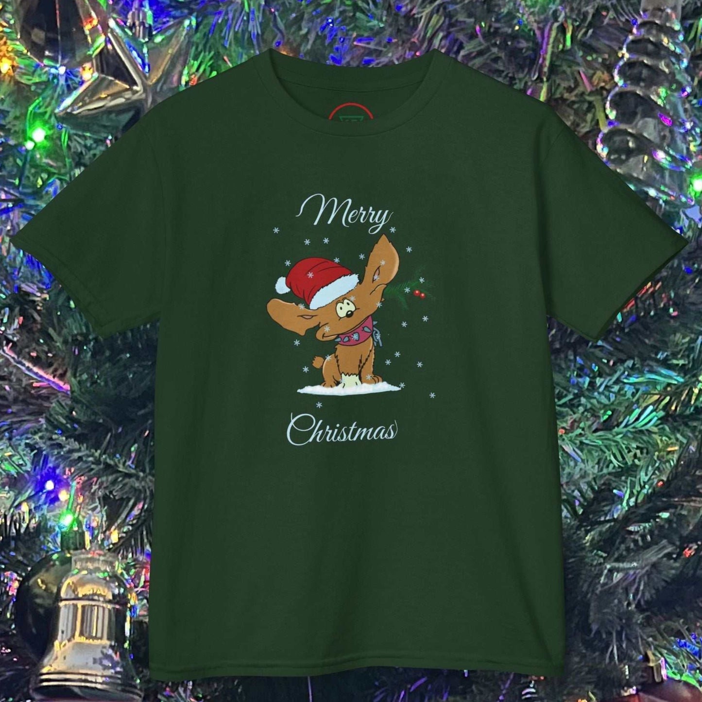Kids Forest Green tee featuring the 24/7 original puppy character in a festive Santa hat.