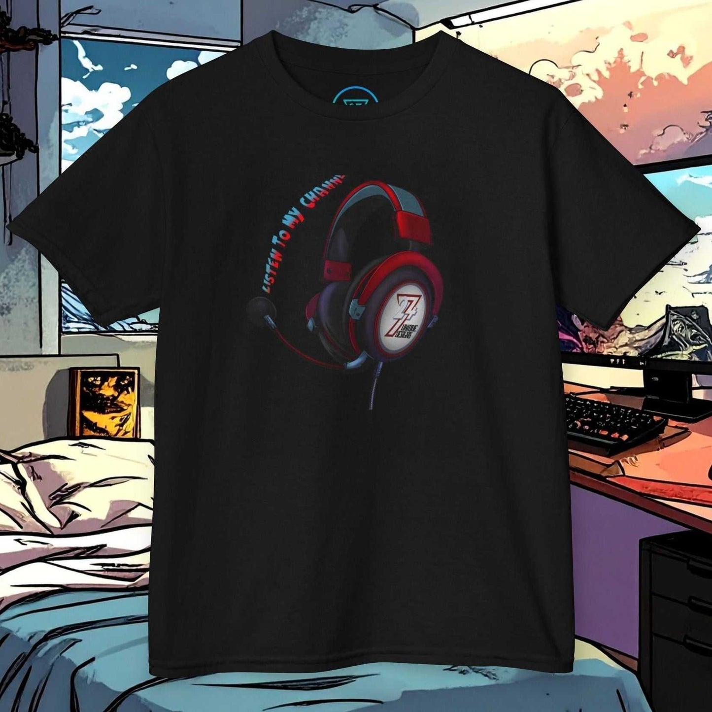 Kids Gamer Headset T-Shirt in Black with a hand-drawn studio headset and 24/7 logo.