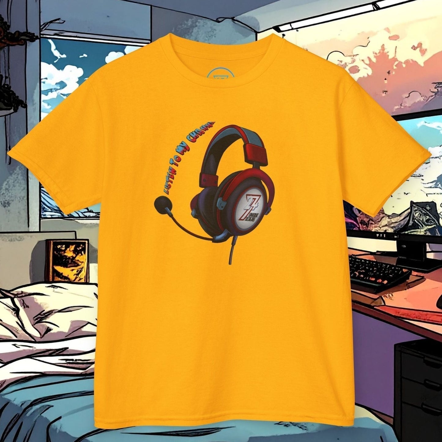 Yellow headphones t-shirt for young YouTubers with vibrant headset graphic on front