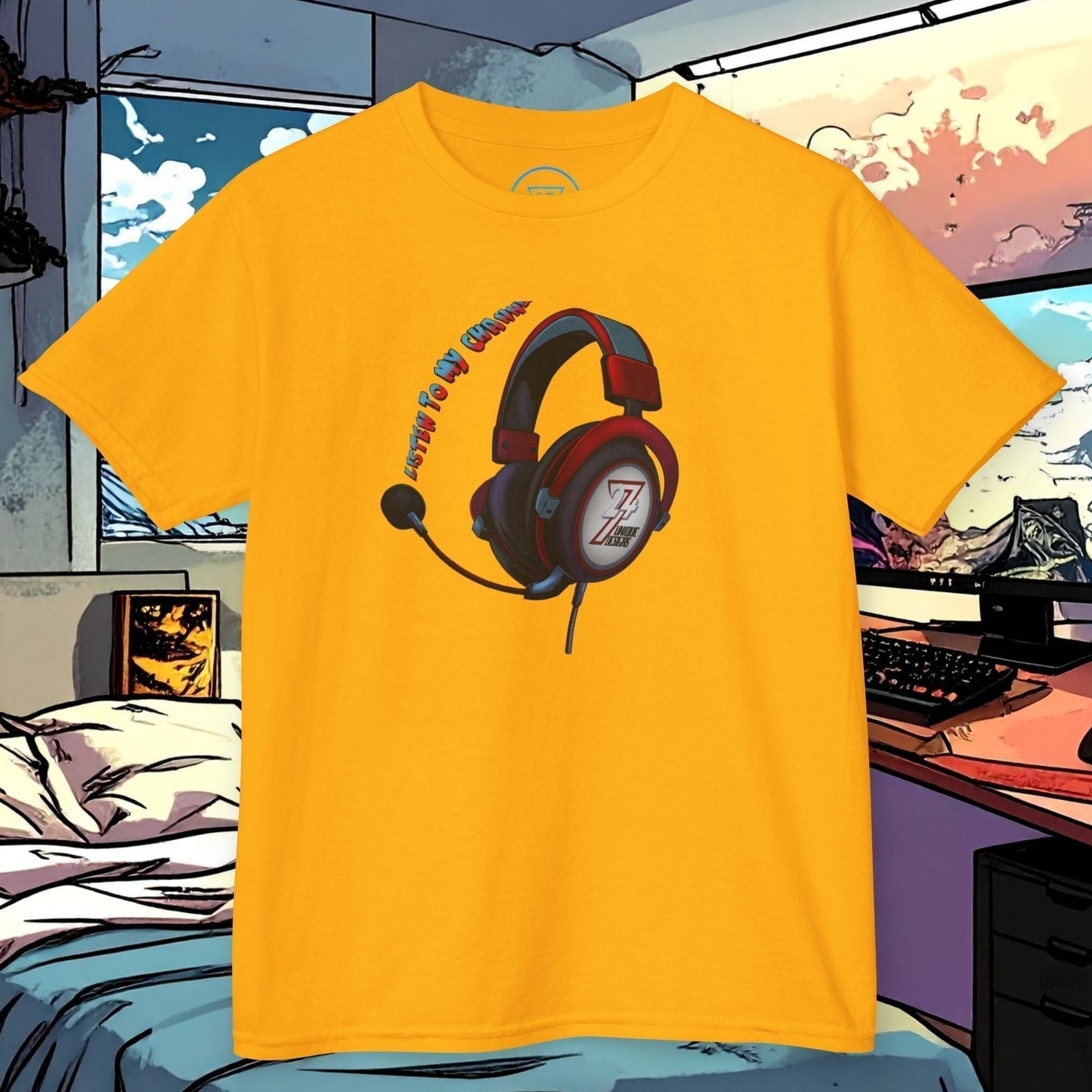 Yellow headphones t-shirt for young YouTubers with vibrant headset graphic on front