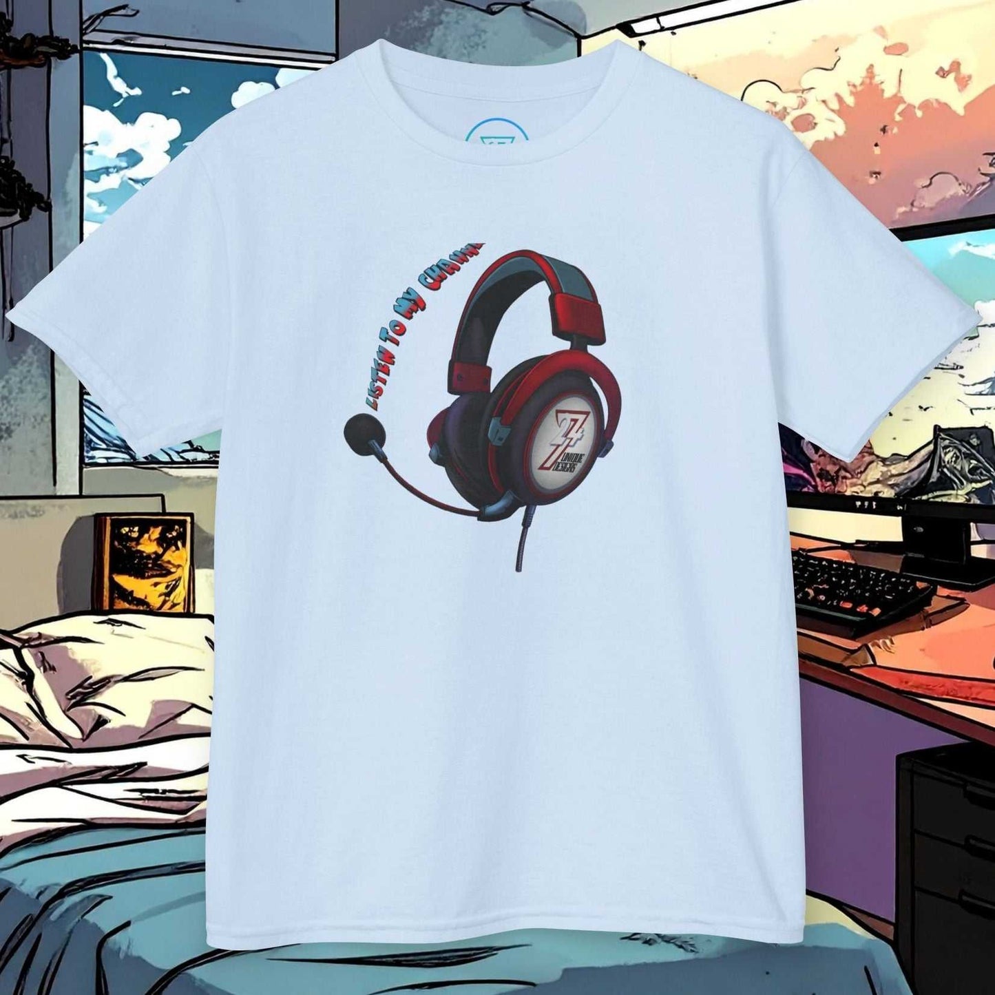 Kids Gamer Headset T-Shirt in Light Blue with the 24/7 streamer-inspired artwork.